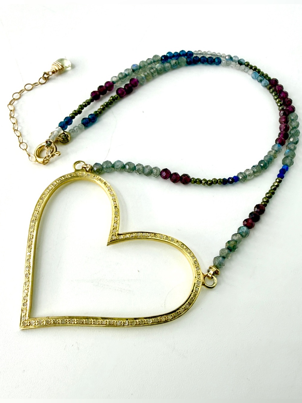Uncut Diamond Large Heart Pendant, Mixed Gemstone Necklace